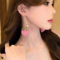 Vintage Red Check Fabric Strawberry Pearl Long Drop Earrings