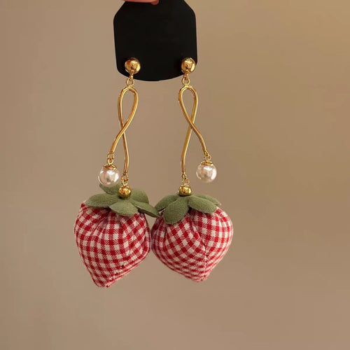 Vintage Red Check Fabric Strawberry Pearl Long Drop Earrings