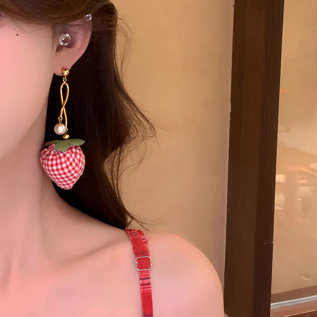 Vintage Red Check Fabric Strawberry Pearl Long Drop Earrings