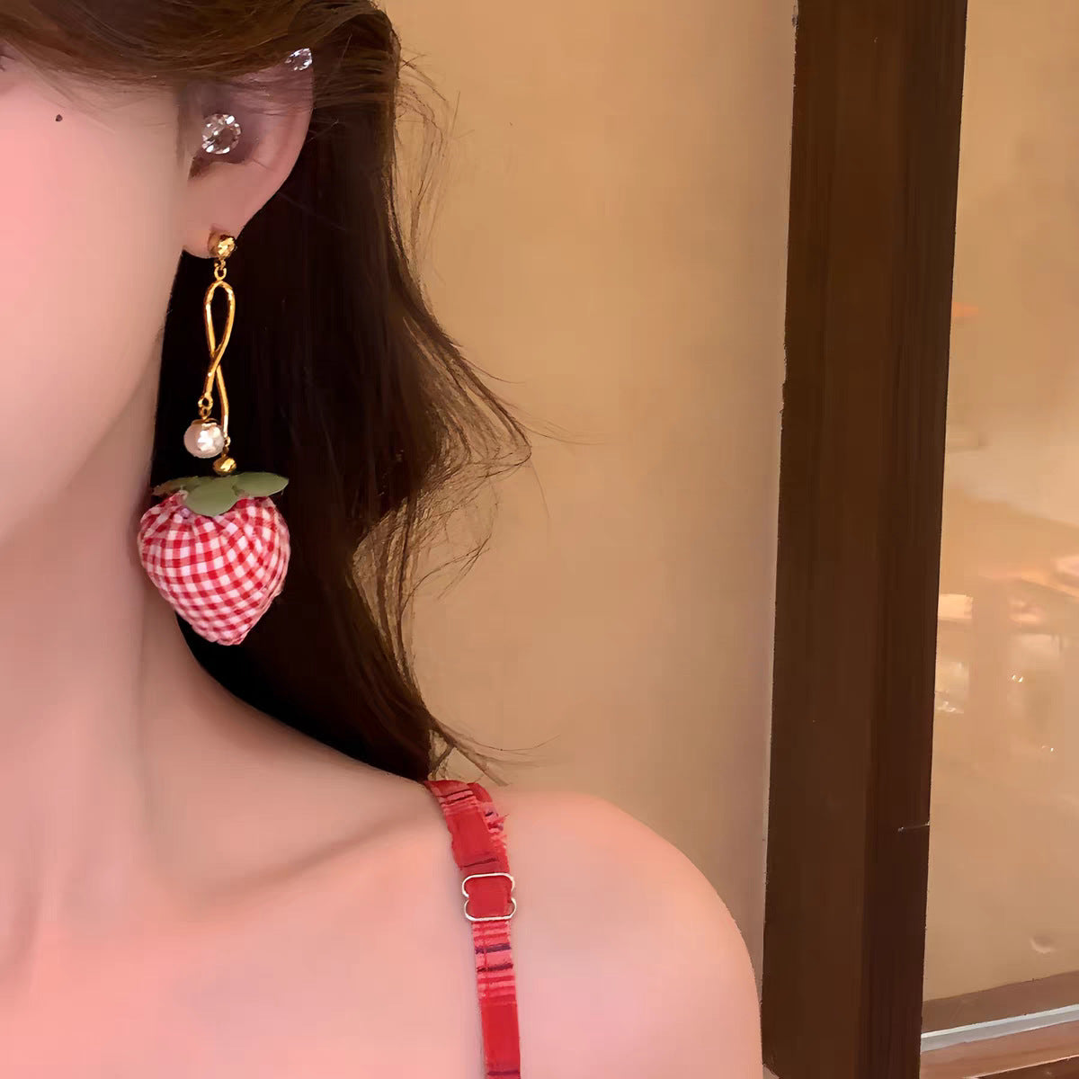 Vintage Red Check Fabric Strawberry Pearl Long Drop Earrings